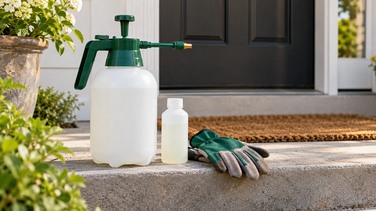 Handheld pump sprayer, work gloves and a bottle on a porch step