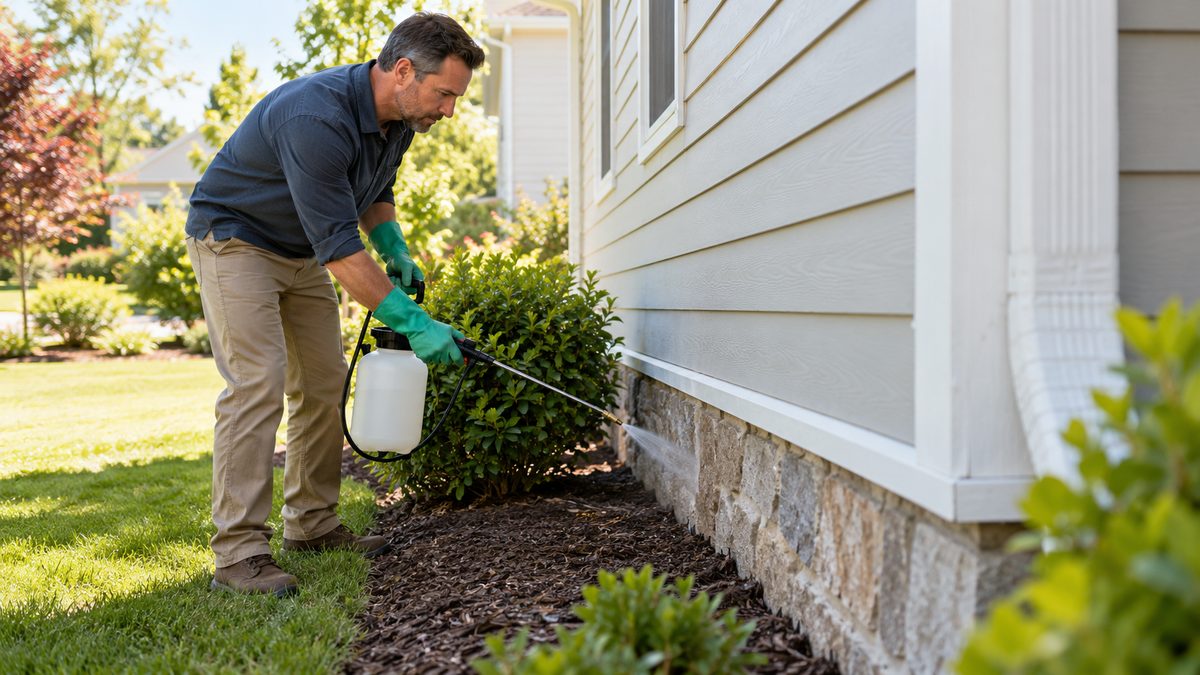 Homeowner spraying pest control along a house foundation