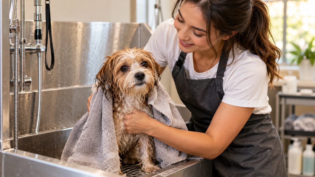 Groomer towel-drying a small dog after a bath at a grooming tub