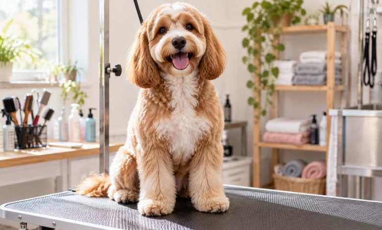 Freshly groomed fluffy dog sitting on a grooming table in a bright salon