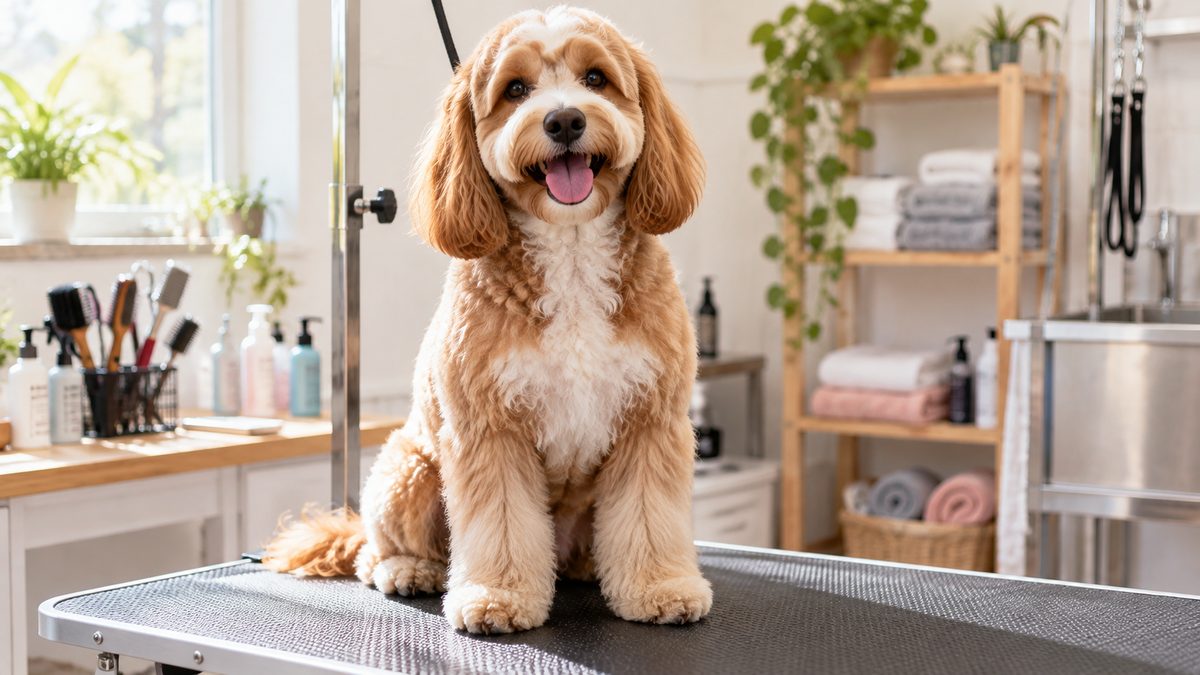 Freshly groomed fluffy dog sitting on a grooming table in a bright salon