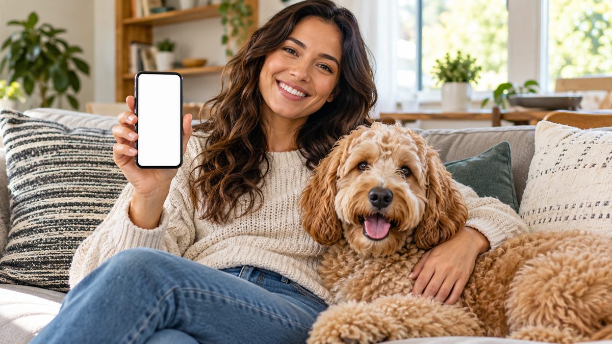 Smiling owner holding a smartphone on the couch next to her curly-coated dog