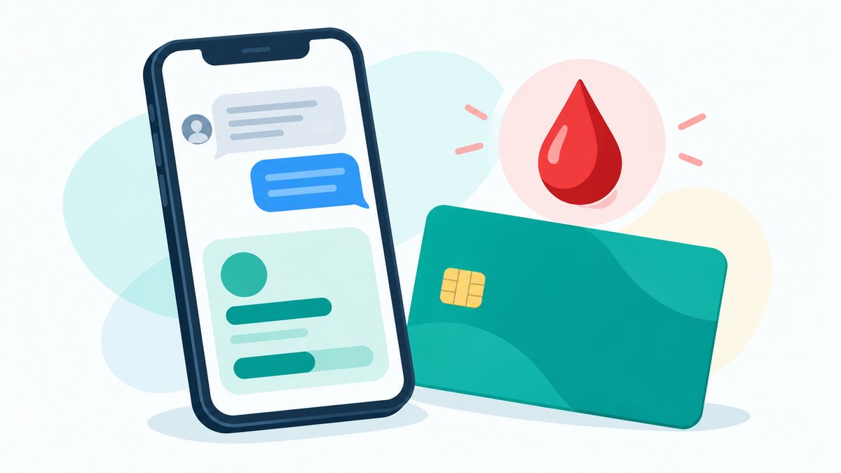 Illustration of checking a plasma donor prepaid card balance by text message and app