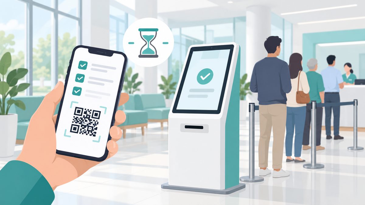 Illustration of a smartphone with a checklist and QR code next to a self-service check-in kiosk at a plasma center