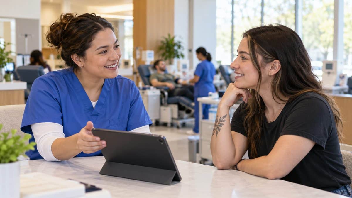 Clinic staff member screening a donor with a piercing and wrist tattoo at a plasma center desk
