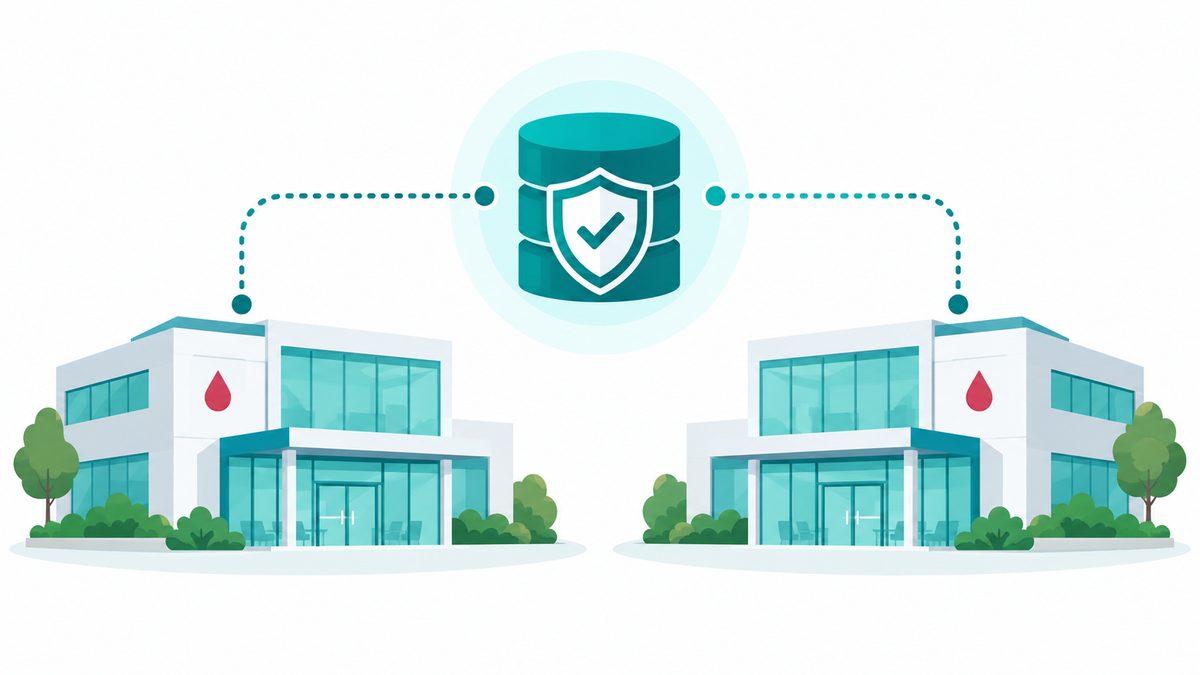 Illustration of two plasma centers linked to a shared secure donor check database