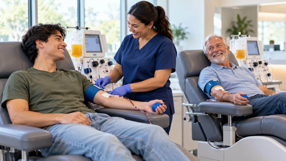 Young adult and older adult donating plasma side by side in reclining chairs at a bright donation center