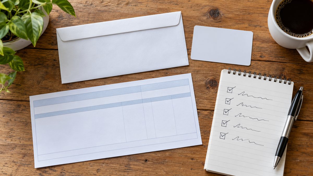 Documents laid out on a table: photo ID card, utility bill envelope and pay stub for a plasma center visit
