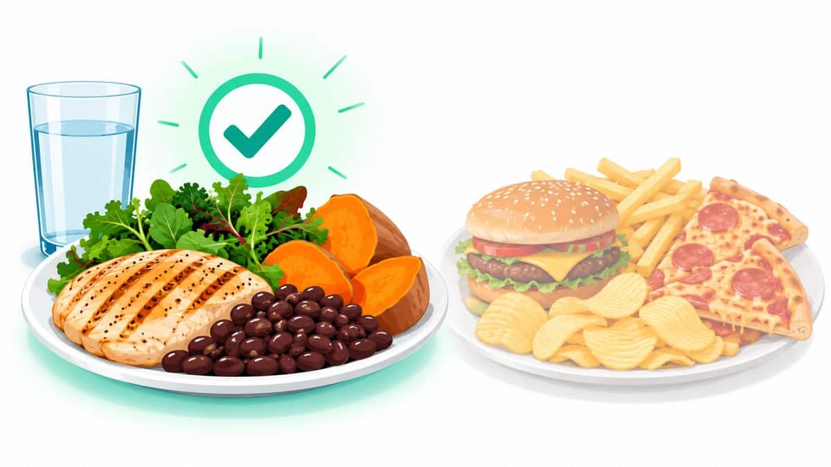 Illustration comparing a lean protein and iron-rich meal with greasy fast food to avoid before donating plasma