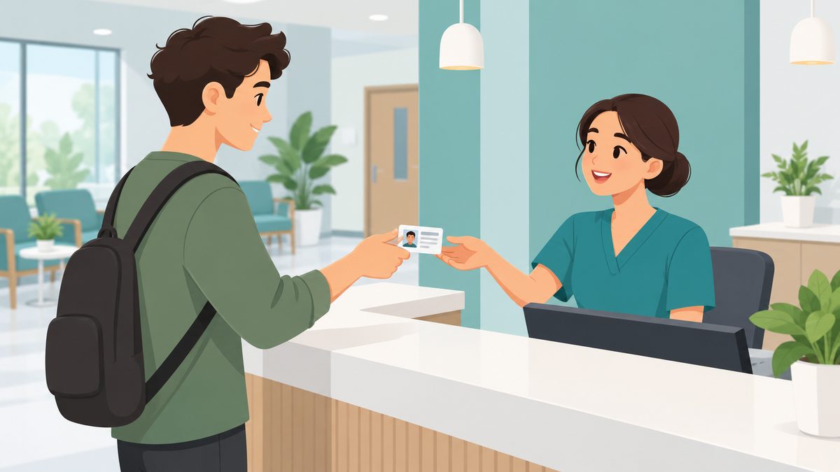 Illustration of a young adult showing a photo ID at a plasma center check-in desk to verify age