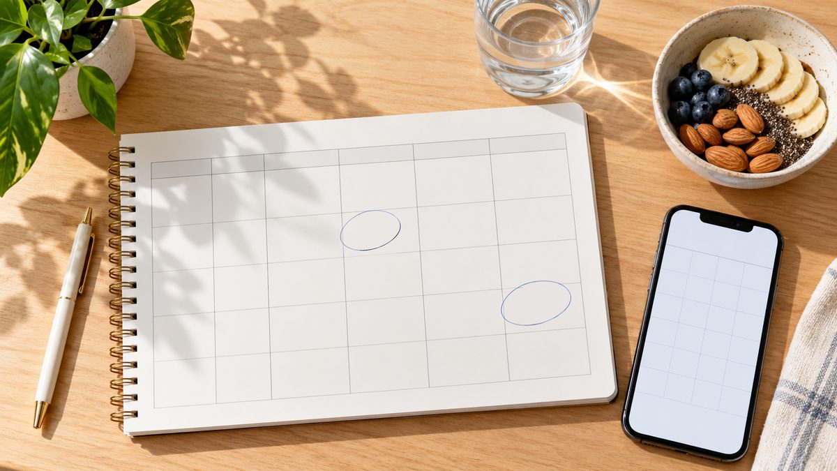 Weekly planner with two donation days circled next to a phone and a glass of water