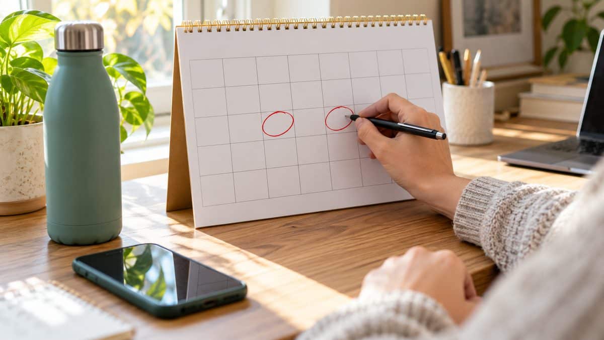 Weekly paper calendar with two donation days circled, one day apart, next to a glass of water