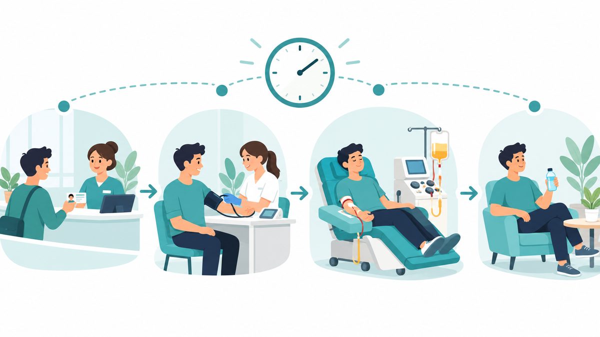 Illustration of the steps of a plasma donation visit: check-in, health screening, donation chair and rest area, with a clock above