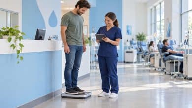 Donor stepping on a medical scale at plasma center check-in while staff records weight