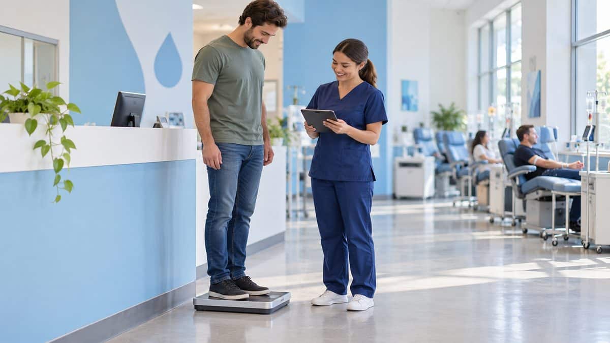 Donor stepping on a medical scale at plasma center check-in while staff records weight
