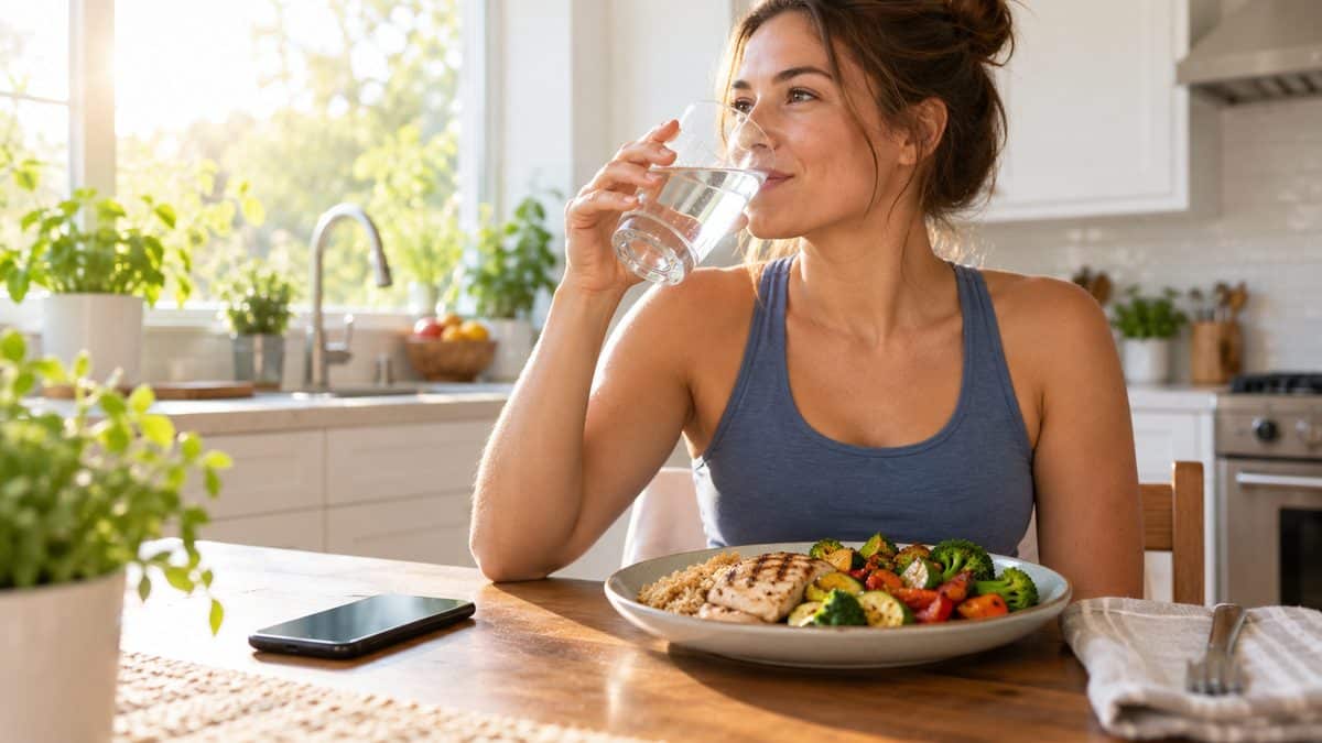 Woman drinking water next to a healthy meal before donating plasma