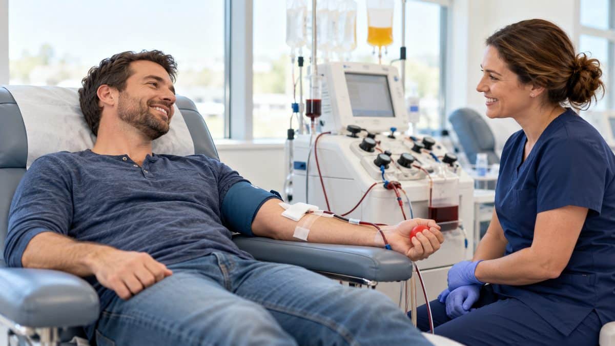 Smiling plasma donor reclining in a donation chair next to an apheresis machine with a nurse