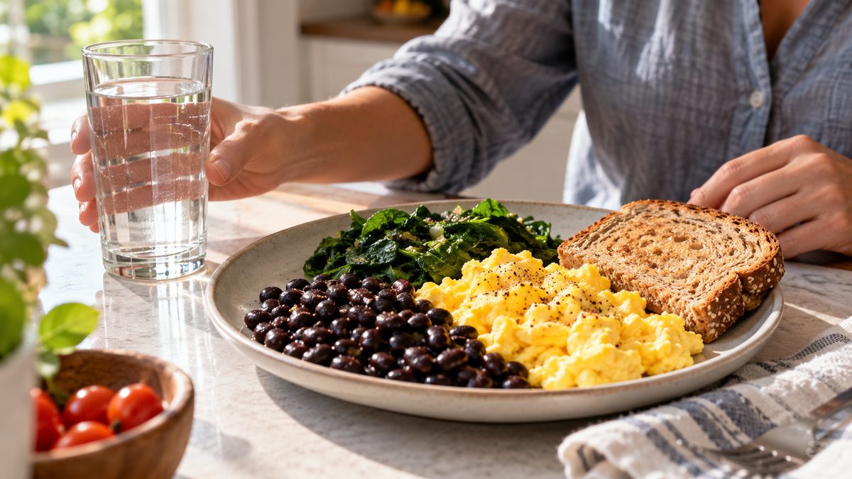 Healthy protein-rich meal with eggs, beans and a glass of water on a kitchen table before a donation day