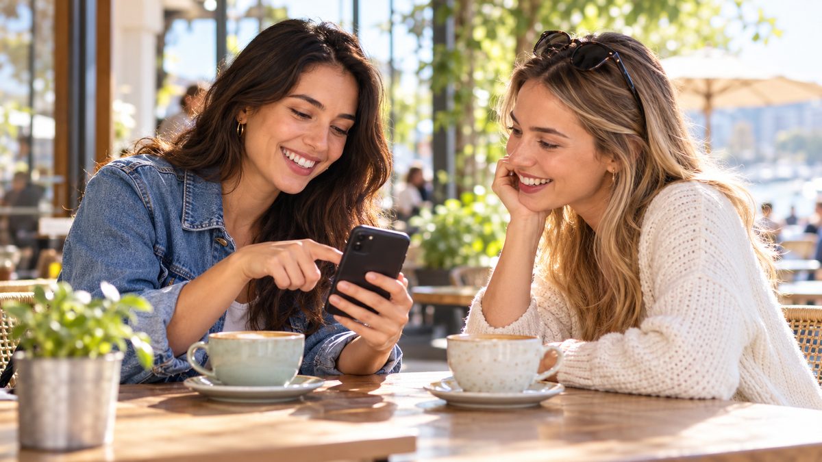 Two friends looking at a smartphone together while sharing a referral code at a cafe table