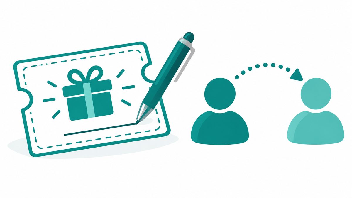 Illustration of a printed referral coupon and pen with two people connected by an arrow