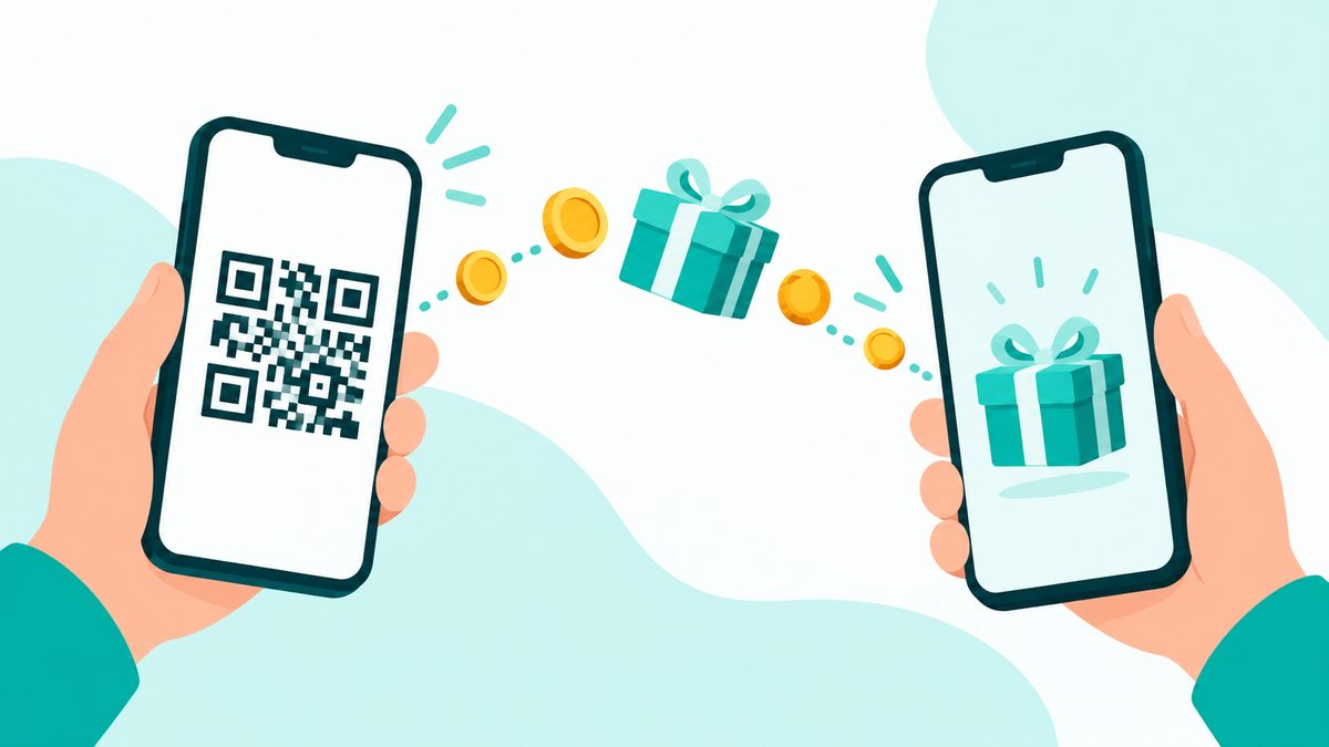 Illustration of a referral QR code being shared from one phone to another with coin icons