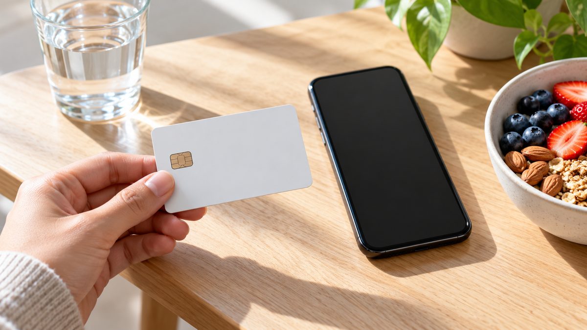 Hand holding a plain prepaid card beside a phone, representing a referral bonus payment