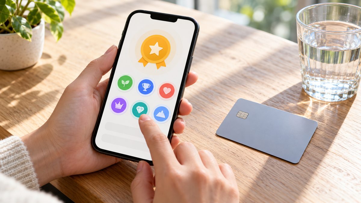 Person checking a rewards app on a smartphone next to a plain debit card and a glass of water