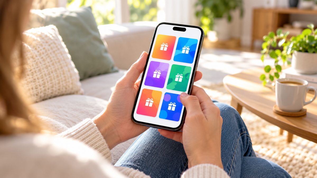 Person browsing e-gift card rewards on a smartphone app while sitting on a couch at home