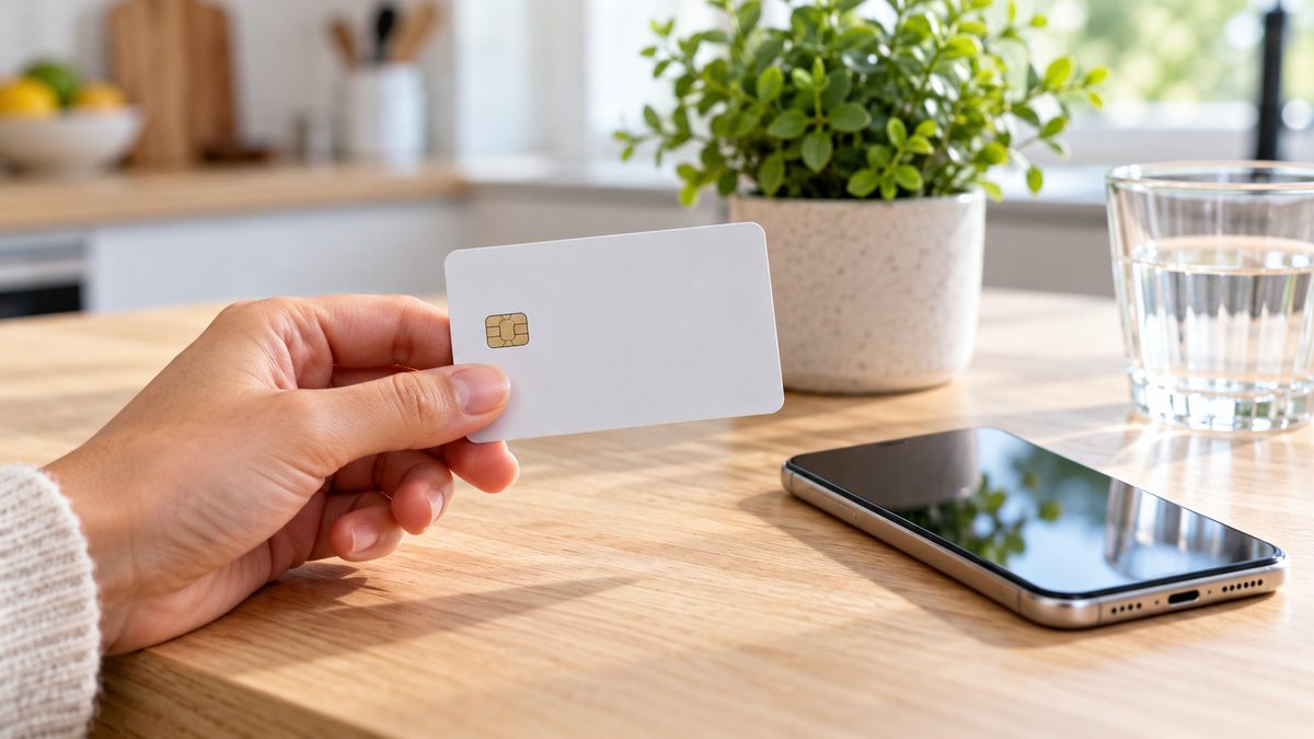 Hand holding a prepaid debit card next to a smartphone showing a rewards balance on a kitchen counter