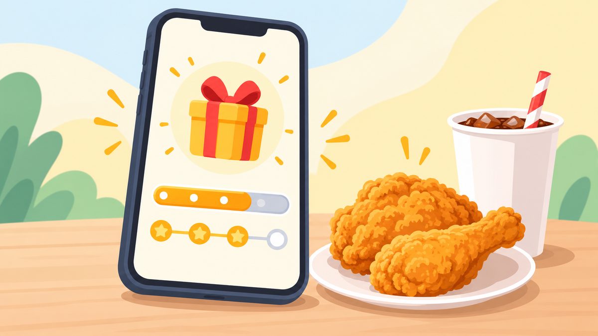 Illustration of a phone showing a loyalty points progress bar with a small fried chicken meal nearby