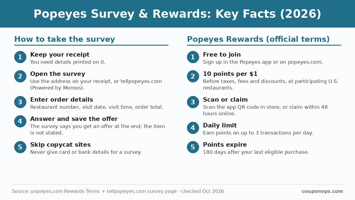 Infographic: how to take the Popeyes survey in 4 steps and key Popeyes Rewards facts, including 10 points per $1 and 180-day point expiration