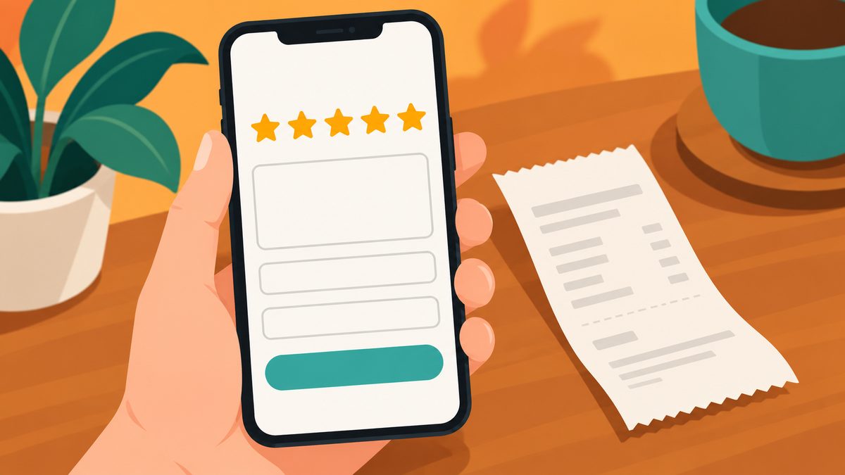 Illustration of a hand holding a phone showing a blank feedback form with star ratings