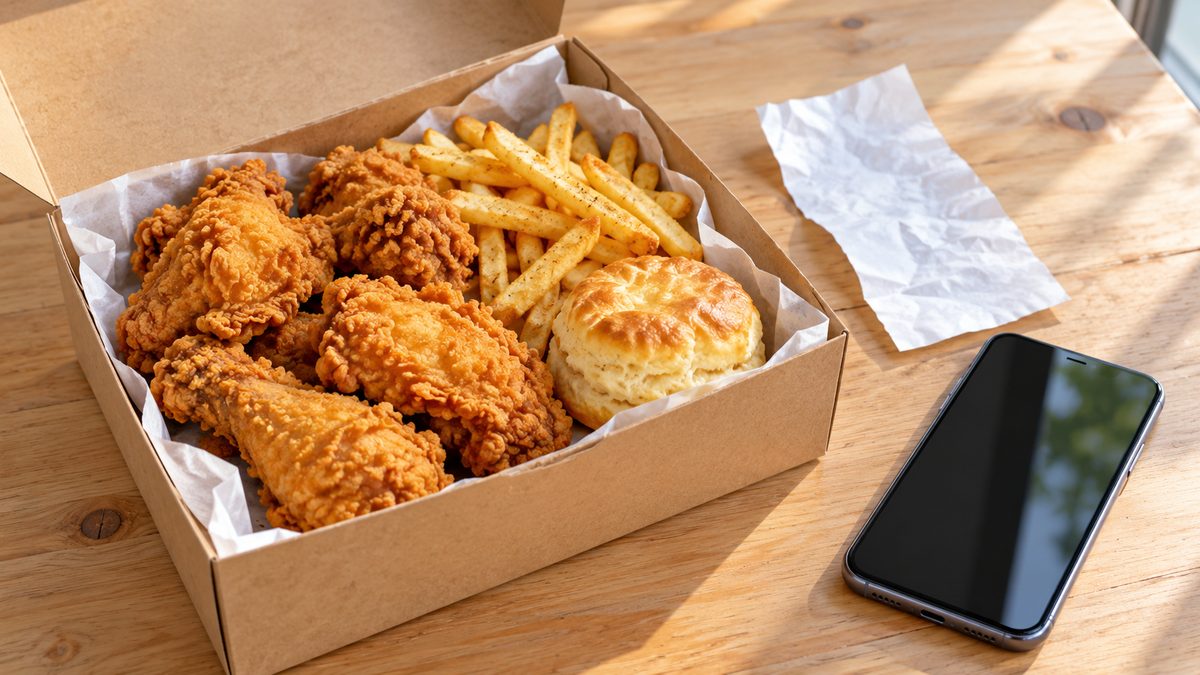 Takeout fried chicken meal box and paper receipt next to a smartphone on a bright table