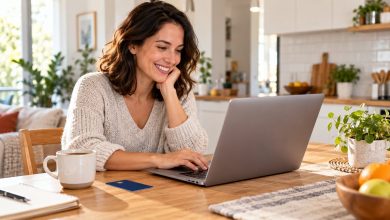 Woman at a kitchen table signing up for a discounted online shopping membership on her laptop with a benefits card beside her