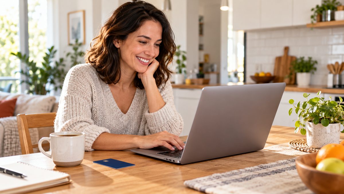 Woman at a kitchen table signing up for a discounted online shopping membership on her laptop with a benefits card beside her