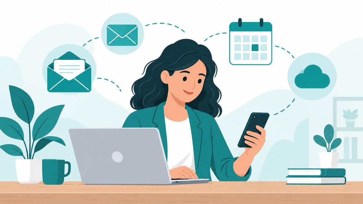 Small business owner checking hosted business email on a laptop and phone