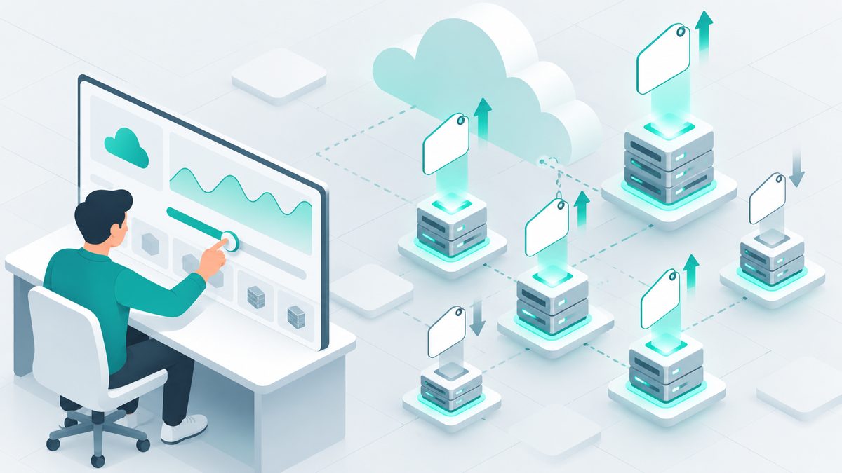 Illustration of cloud servers priced in an auction market with a developer setting a bid