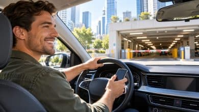 Driver holding a smartphone while entering a bright downtown parking garage