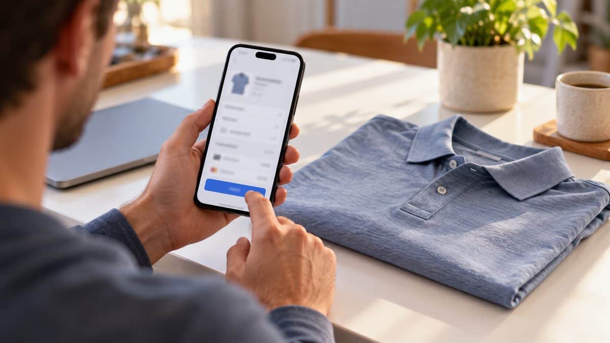 Person checking an online clothing order on a smartphone next to a folded blue polo shirt