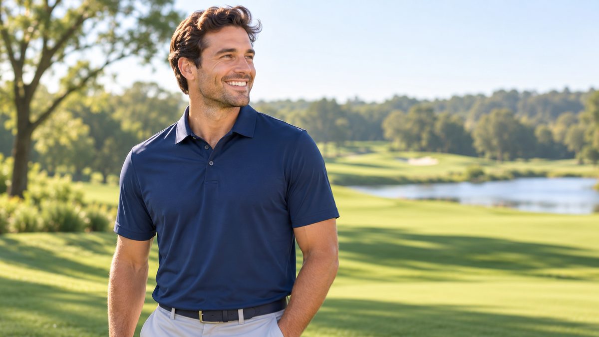 Smiling man wearing a navy performance polo shirt on a sunny golf course