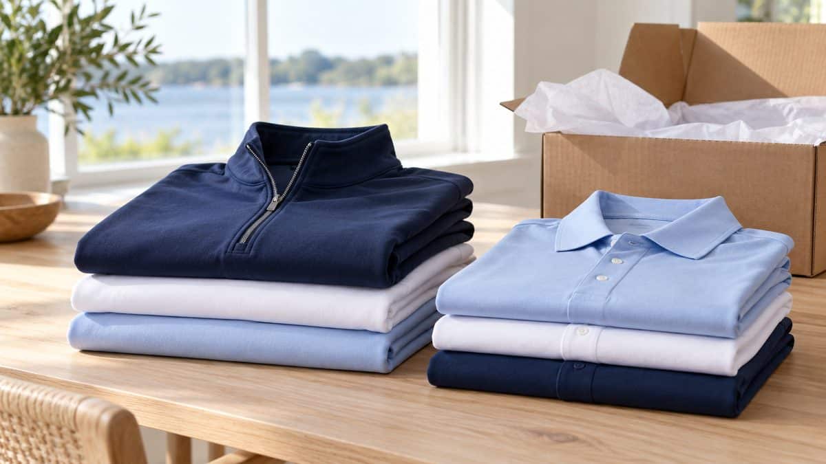 Folded quarter-zip pullovers and polo shirts in navy, white and light blue next to an open shipping box