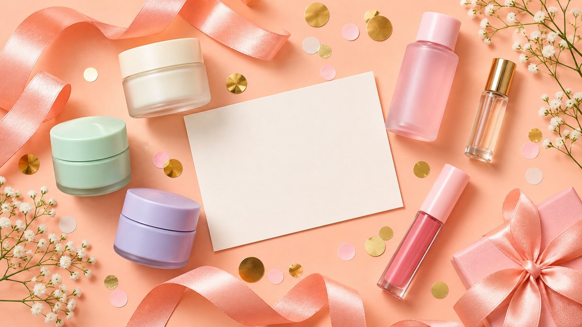 Flat lay of travel-size skincare, hair care and perfume minis next to a birthday card and ribbon on a pastel table
