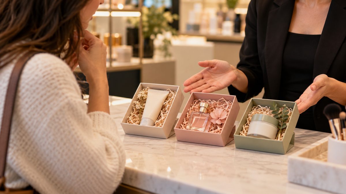 Shopper choosing between several mini skincare and fragrance samples at a beauty store checkout counter