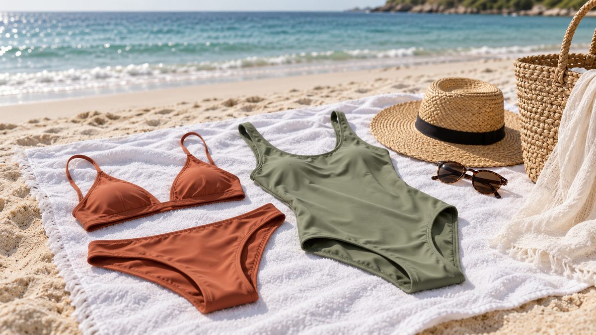 Terracotta bikini and sage green one-piece swimsuit laid on a beach towel