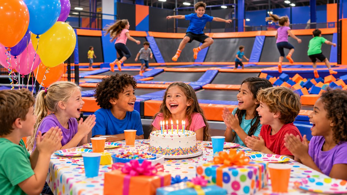 Kids celebrating a birthday with cake and balloons at an indoor trampoline park