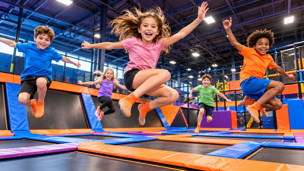 Happy kids in grip socks jumping high on colorful trampolines in an indoor trampoline park