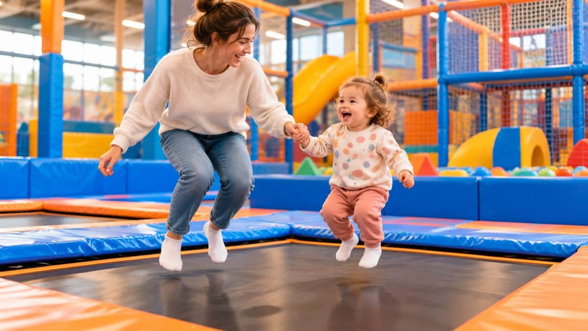 Parent holding hands with a toddler bouncing gently in a soft toddler trampoline area