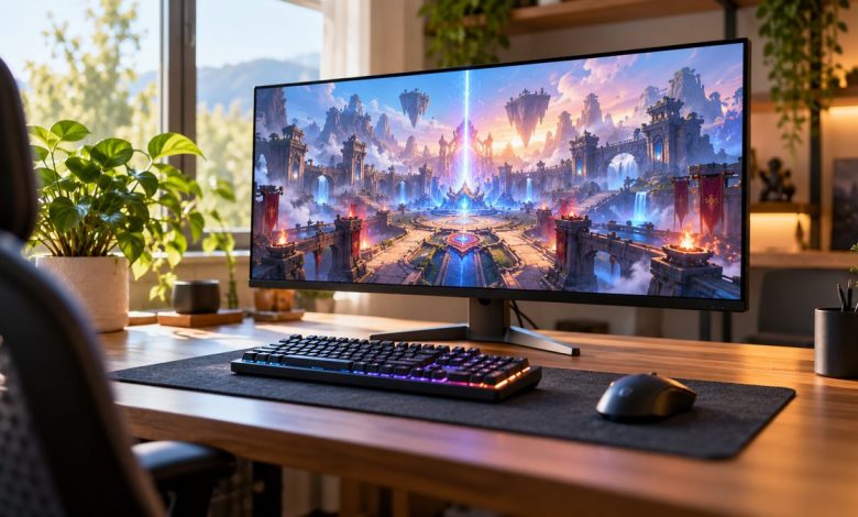 Bright home gaming setup with a monitor showing a colorful fantasy battle arena