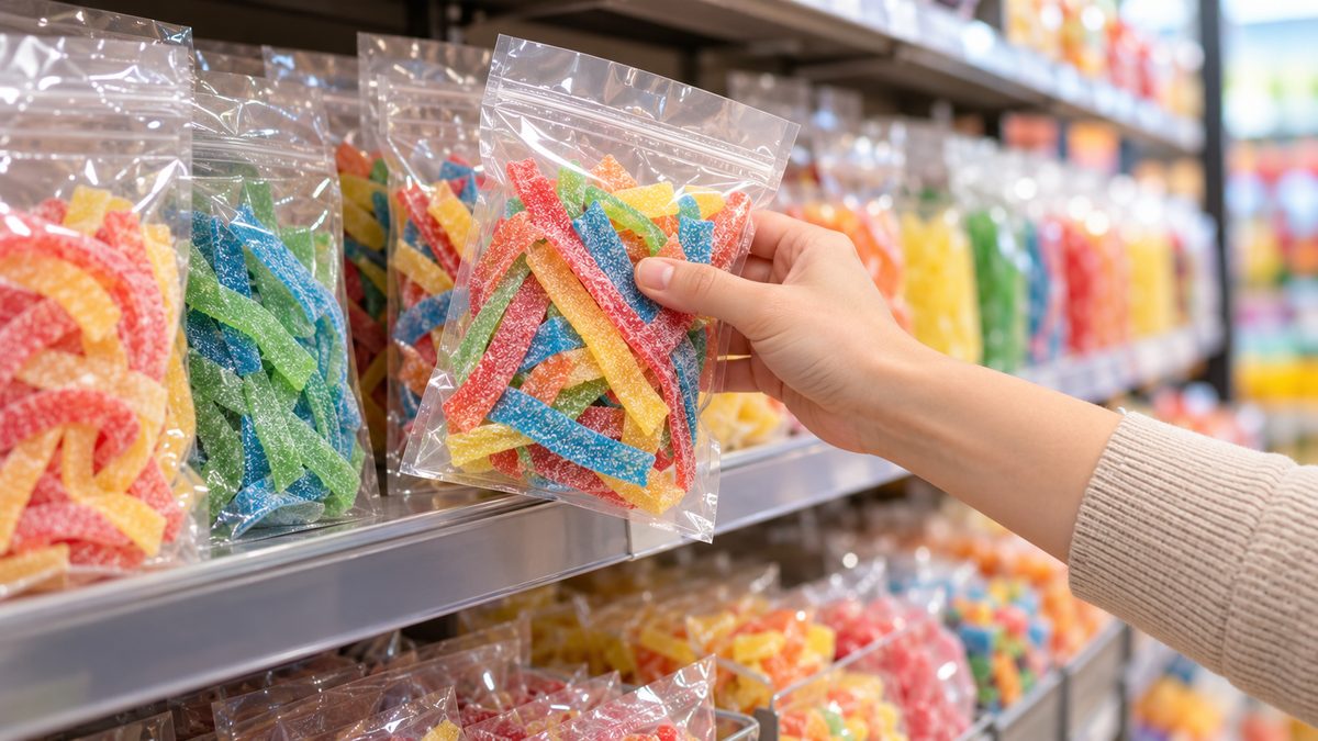 Shopper picking a plain bag of colorful sour candy strips from a supermarket candy aisle