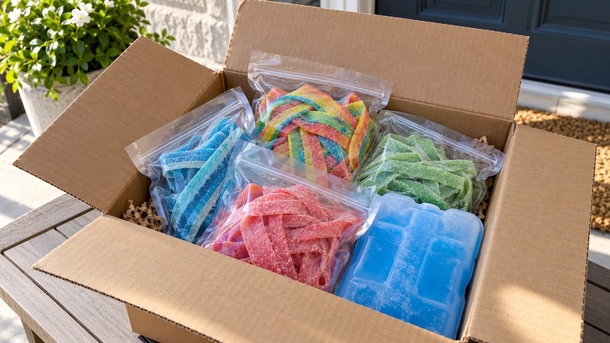 Open shipping box with plain bags of sour candy strips and an ice pack delivered to a doorstep table